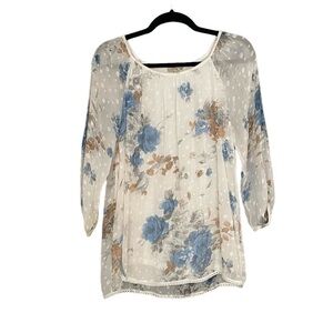 GIUSY Italy Silk Floral Print Blouse Ivory Blue S